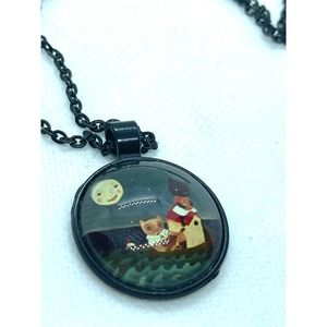 Vintage Storytime‎ Cats and Man in the Moon Black Pendant Necklace 🌸
